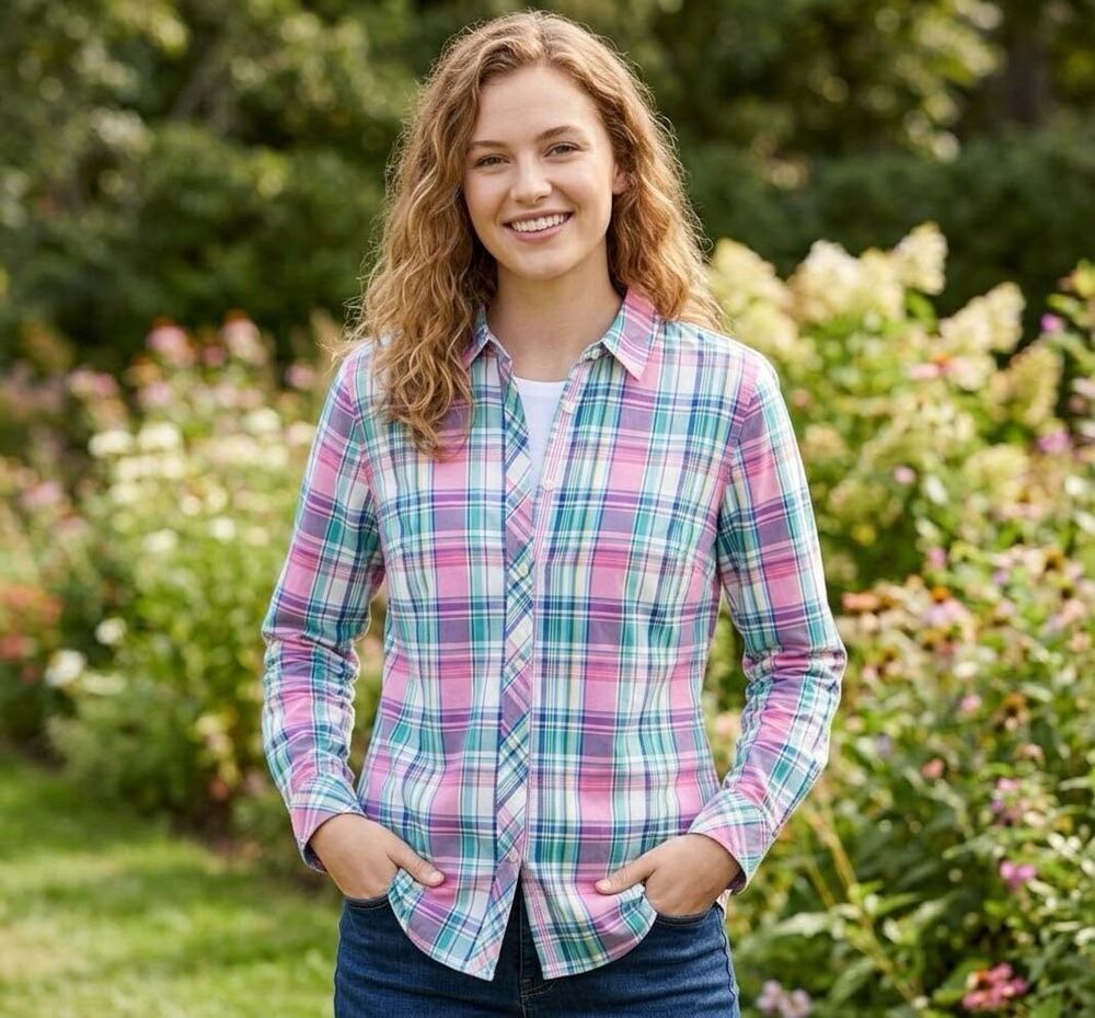 Talbots size L 100% cotton plaid button front long sleeve